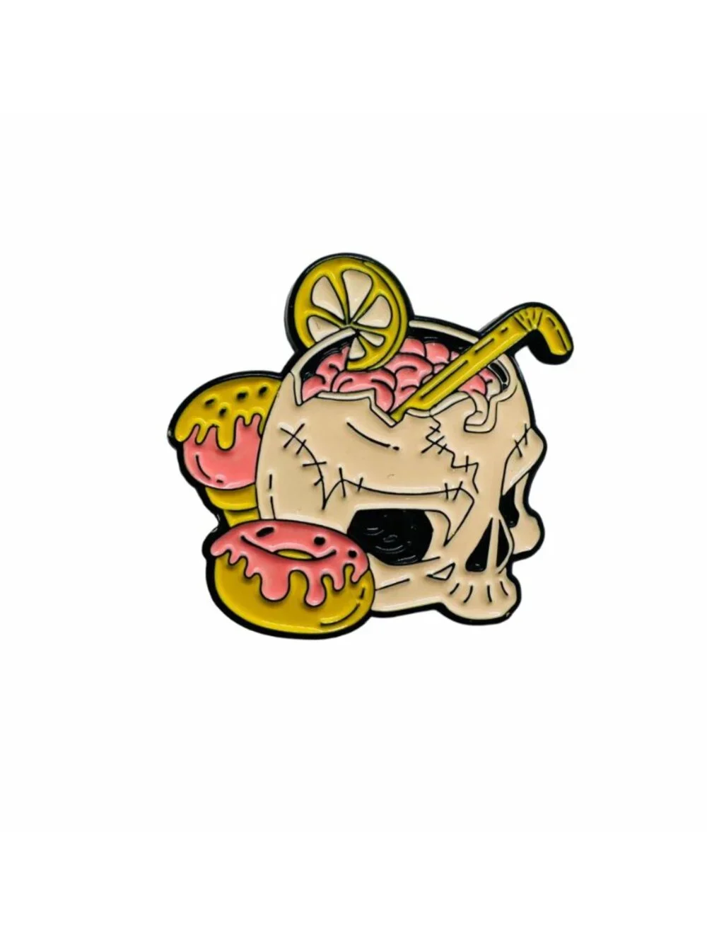 ⭐Enamel Pin Pink Skull Drinking Cocktail Goth Punk Cartoon Brooch